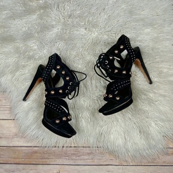 Rebecca Minkoff | ‘Ilima’ Black Leather Suede Studded Heeled Platform Sandals - Picture 3 of 8